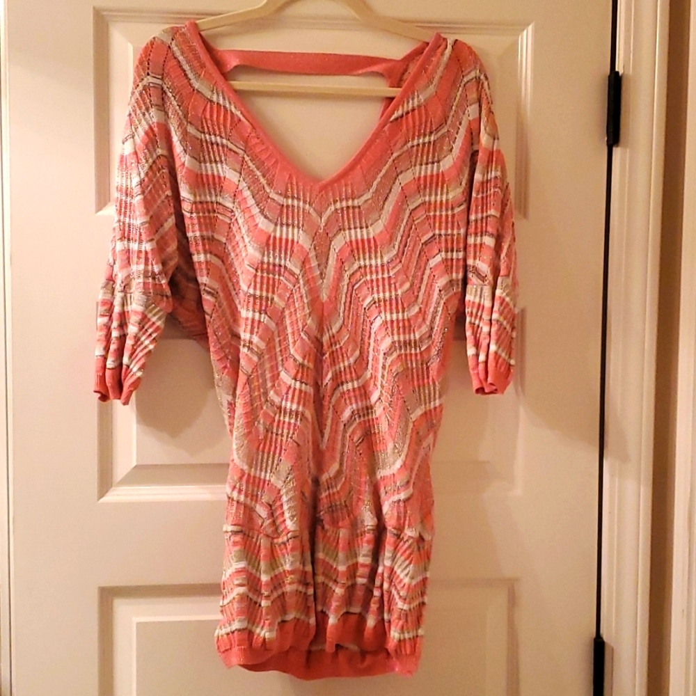 Cache light weight metallic knit tunic sweater